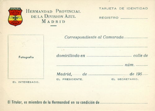 CARNET MIEMBRO HERMANDAD DIVISIÓN AZUL MADRID.